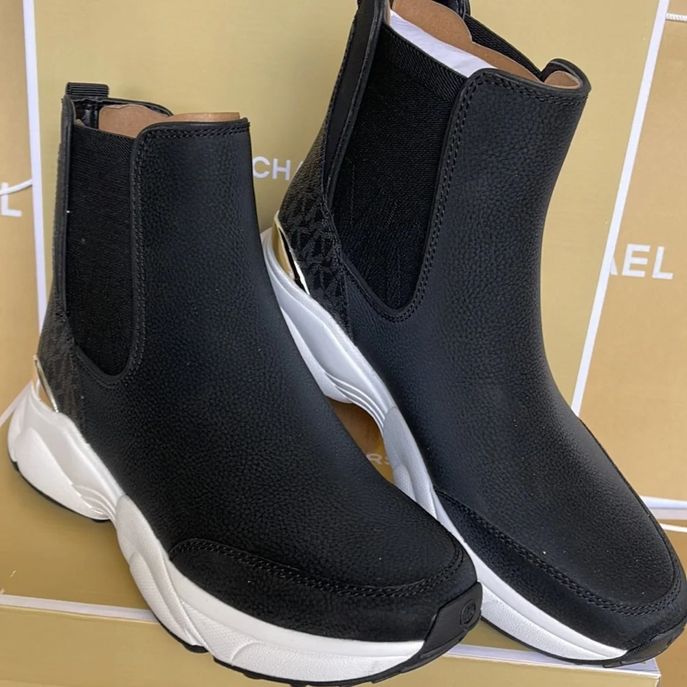 Michael Kors Black and White Chelsea-Style Platform Sneaker Booties